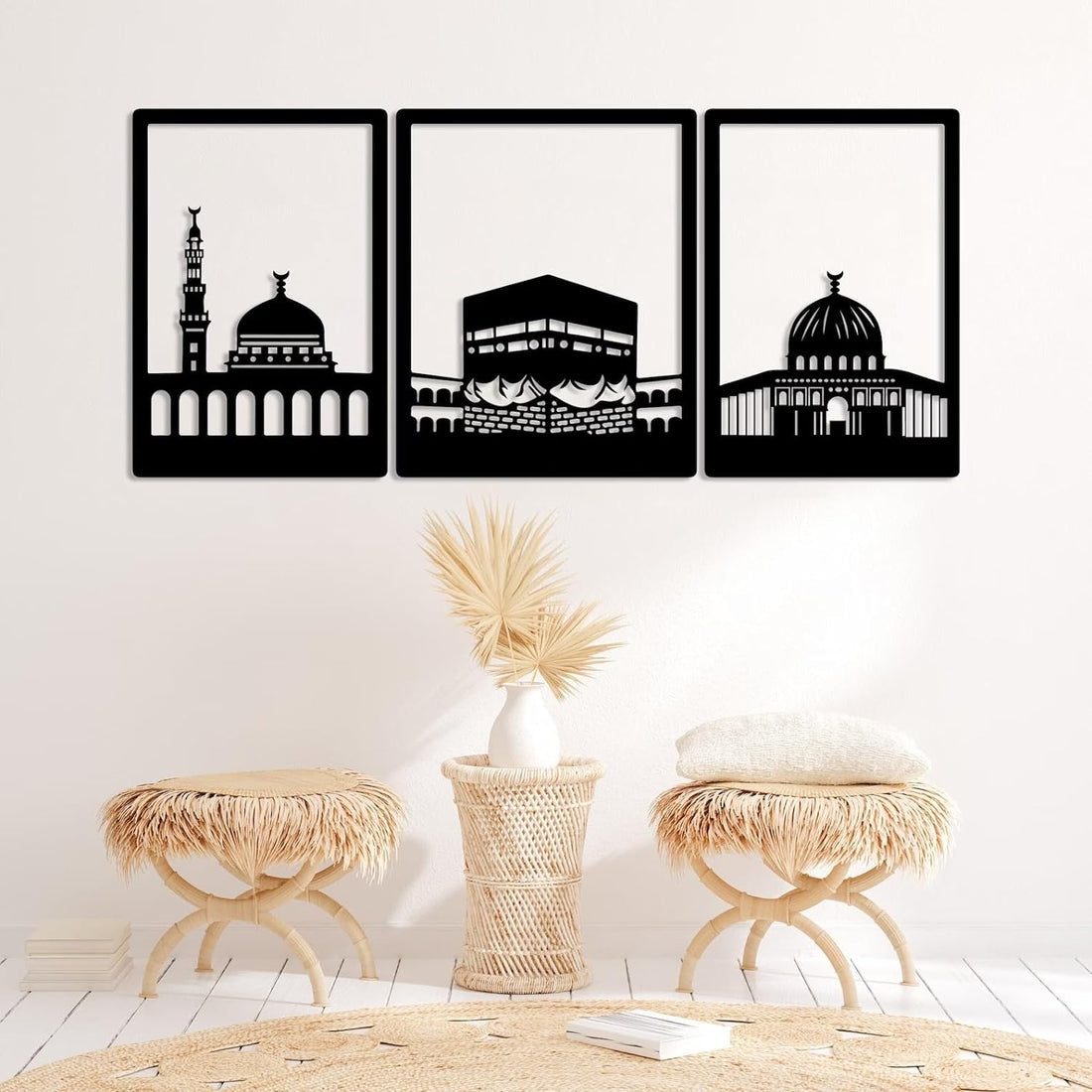 Kaaba, Masjid Al Nabawi & Masjid Al Aqsa Metal Wall Art Set (3-Piece Frame Set)