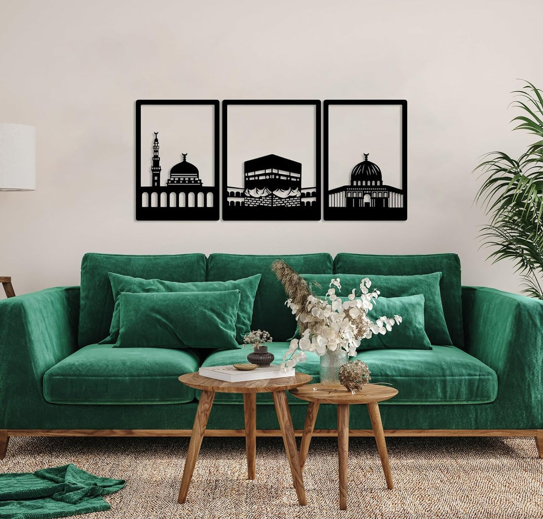 Kaaba, Masjid Al Nabawi & Masjid Al Aqsa Metal Wall Art Set (3-Piece Frame Set)