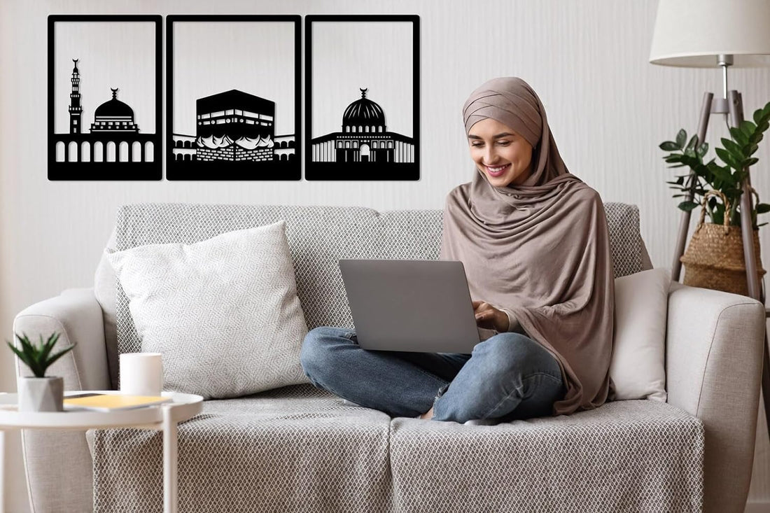 Kaaba, Masjid Al Nabawi & Masjid Al Aqsa Metal Wall Art Set (3-Piece Frame Set)